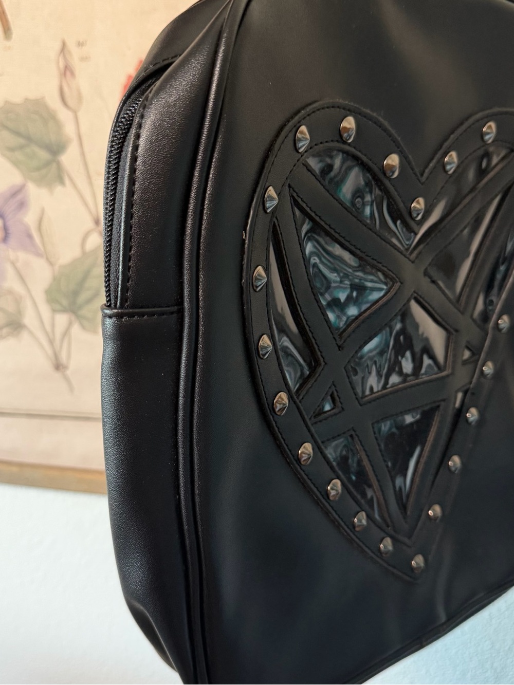 Killstar Black Faux Leather Pentagram Heart Window Studded Goth Backpack - Picture 4 of 12